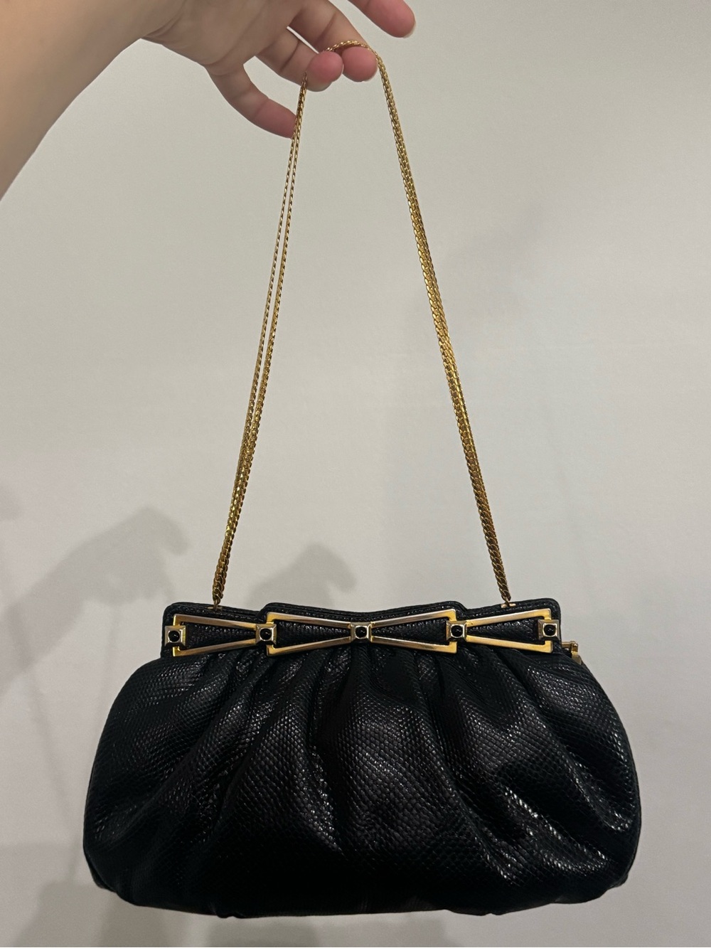 Judith Leiber Black Shoulder Bag with Gold Chain and Bow Trim